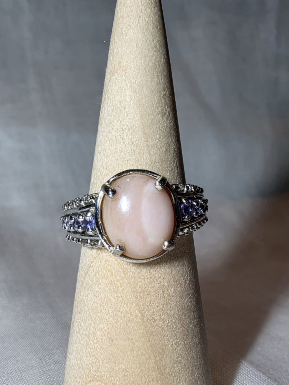 Pink Peruvian Opal, Tanzanite Ring, Rhodium Over Sterling Silver Size 8